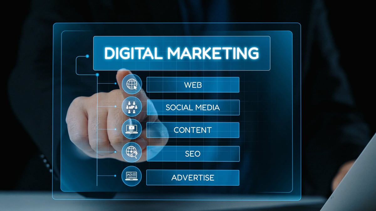 A hand interacting with a glowing holographic interface showing the pillars of digital marketing